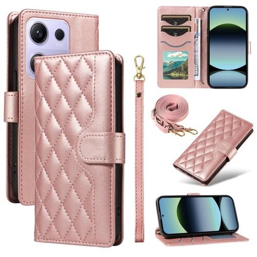Coque En Cuir À Motif Diamant Pour Xiaomi Poco M6 Pro 4g Avec Emplacement Pour Trois Cartes Et Sangles, Or Rose