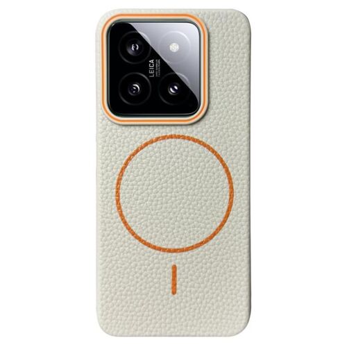 Coque Tpu Litchi Pour Xiaomi 14 Thin Circle Magsafe, Blanc Orange
