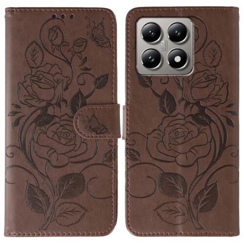 Coque En Cuir Embossé Rose Papillon Pour Xiaomi 14t Pro, Brun