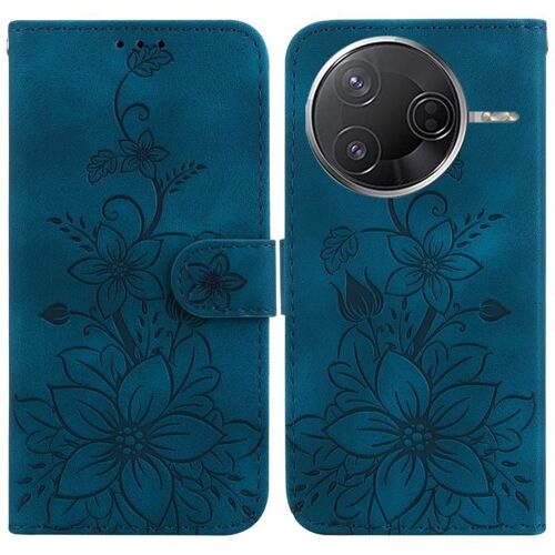 Coque En Cuir Embossé Lily Pour Redmi K80 / K80 Pro / Xiaomi Poco F7 Pro, Bleu Foncé