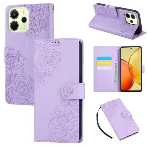 Coque En Cuir Rose Avec Fleurs En Relief Pour Redmi Note 14 4g, 3 Emplacements Pour Cartes, Violet