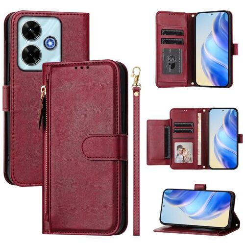 Étui En Cuir Avec Plusieurs Emplacements Pour Cartes Pour Redmi 13 Et Xiaomi Poco M6, Rouge Foncé
