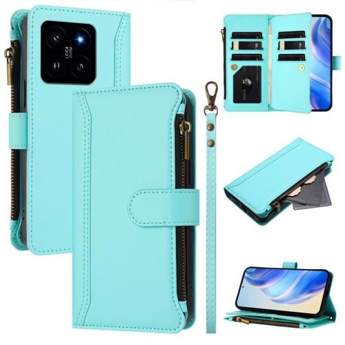 Étui En Cuir Avec Fermeture Magnétique Pour Xiaomi 14, 9 Emplacements Pour Cartes, Avec Sangle, Vert Menthe