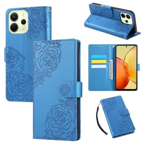 Coque En Cuir Rose Avec Fleurs En Relief Pour Redmi Note 14 4g, 3 Emplacements Pour Cartes, Bleu