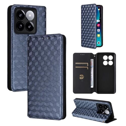 Coque En Cuir Flip Texture Grille Cubique Pour Xiaomi 14t Pro, Bleu