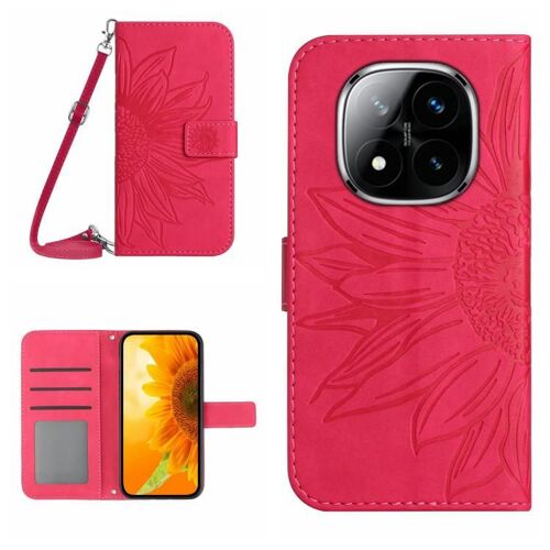 Étui En Cuir Embossé Avec Lanière Pour Redmi Note 14 Pro 4g - Fleur De Soleil, Rose Rouge