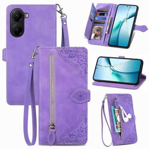 Coque En Cuir Zippée Avec Fleurs En Relief Pour Xiaomi Poco X7 Pro, Violet