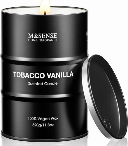 Bougie parfumées Tabac Vanille|320g,Arôme chaud et boisé 70h,Bougies naturelles pour salon masculin,Cadeau papa chic pour Noël ou soirées cosy