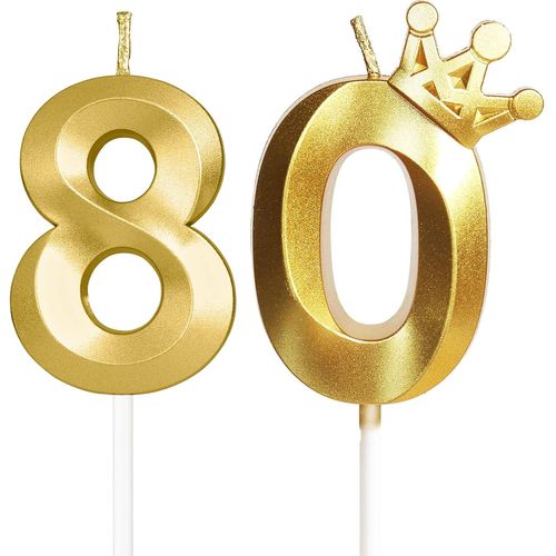 ERYI-Bougies Pour 80E Anniversaire, Bougie Numéro 80, Bougies Dorées, Bougie D'Anniversaire Pour Gâteau Avec Couronne, Bougie D'Anniversaire De Mariage,Décorations De Gâteau Fête D'Anniversaire,Céléb