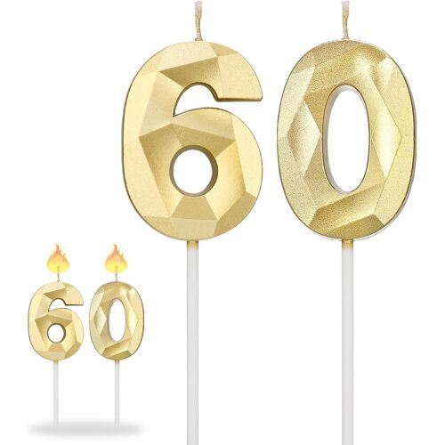Kalanka-Bougies 60 Ans Anniversaire, Bougie Chiffres 60, Bougie Numéro 60, 3d Diamant Bougie Numérique Décoration Gâteau Topper Pour Anniversaires De Mariage Cérémonies
