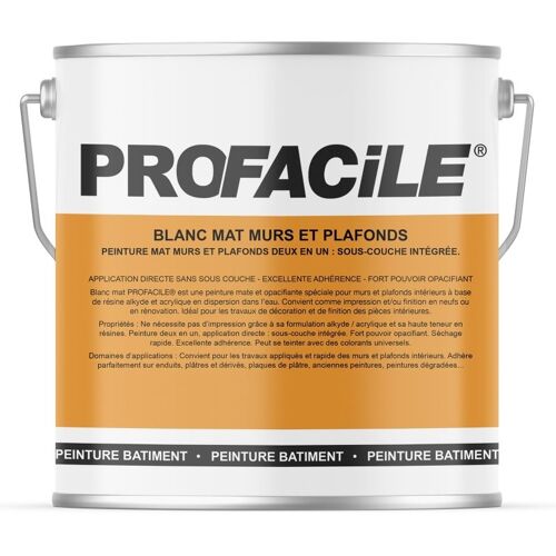 Peinture blanc mat intérieur murs et plafonds, 2 en 1, Impression et Finition PROFACILE 5 litres