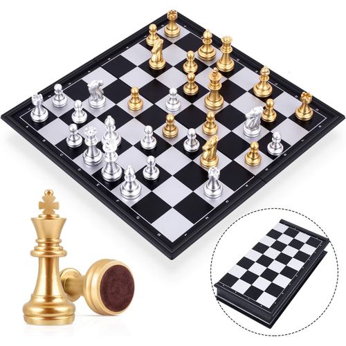 Jeu D'échecs,Echiquier Magnetique,Echec Deluxe Pliable Echecs,Mini Échecs,Portable De Voyage Plateau Et Les Morceaux Pour Enfants Et Adultes (Or Et Argent)