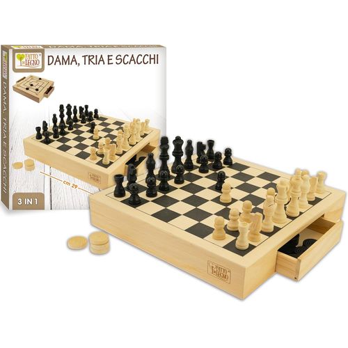 Eryi-, Echiquier En Bois Portable 3 En 1. Dame, Échecs Et Tria, Jeux Pour Enfants En Bois. Tiroirs Amovibles, Il Y A Des Pièces De Rechange.