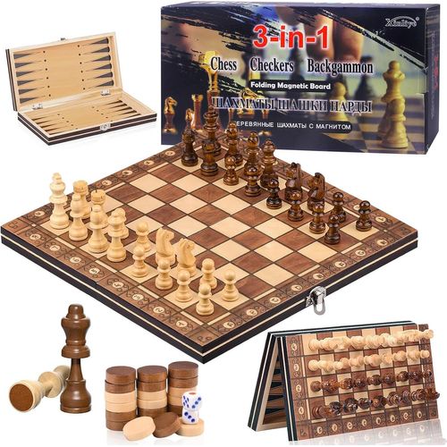 Eryi-Jeu D'échecs, 3 En 1 Echiquier Magnetique En Bois, Portable Et Pliable Echecs, Échecs De Voyage Pour Enfants Et Adultes