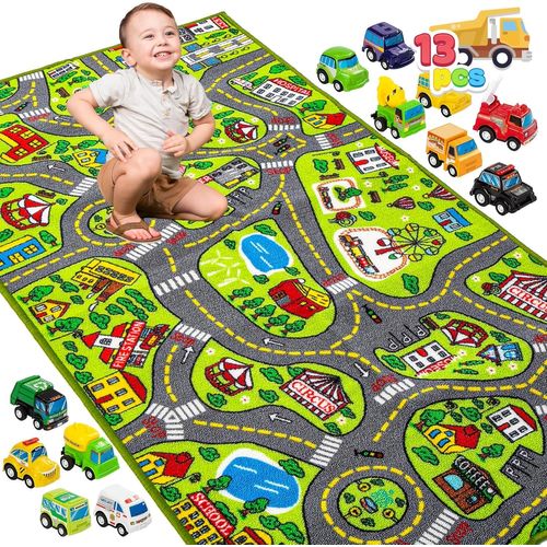 ChenQuanSarl-Tapis De Chambre D'Enfant, 80 X 150 Cm, Avec 12 Mini Jouets De Voiture, Pour Enfants À Partir, Tapis De Jeu, Rue, Tapis De Voiture, Pour Garçon Et Fille, Pour Chambre À Coucher Et Salle