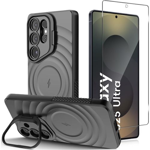 Kal-Coque Magnétique Pour Samsung Galaxy S25 Ultra, Compatible Avec Magsafe, Étui De Protection Anti-Collision En Tpu Avec Support, Noir, Plus 1 Piece Verre Trempé