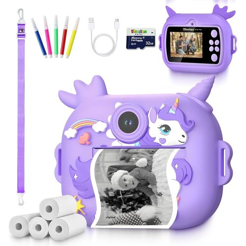 Eternium Appareil Photo Instantané Enfant Licorne-Kit Créatif Et Éducatif-Caméra Numérique 1080P Antichoc-4 Rouleaux D'Impression+Carte 32Go-Cadeau Noël Anniversaire Fille Garçon 3-12 Ans