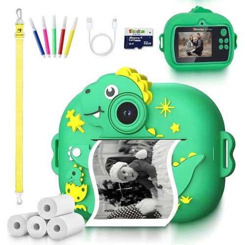 Eternium Appareil Photo Instantané Enfant Dinosuare-Kit Créatif Et Éducatif-Caméra Numérique 1080P Antichoc-4 Rouleaux D'Impression+Carte 32Go-Cadeau Noël Anniversaire Fille Garçon 3-12 Ans