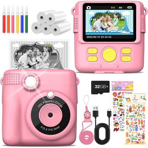 LETNERNY-Appareil Photo Instantané Pour Enfant - Écran De 2,4"" - 1080P - Avec 5 Rouleaux De Papier D'Impression - Carte De 32 Go - 6 Stylos De Couleur - 2 Autocollants - Cadeau Pour Enfants - Rose