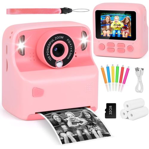 LETNERNY-Appareil Photo Instantané, 2.4"" Écran Appareil Photo Numérique Enfant, Caméra Vidéo Avec Papier D'Impression Et Carte 32Gb Stylos Colorés, Noël Anniversaire Cadeau Pour Enfant 3-10 Ans (Rose