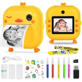 Appareil Photo Instantané Pour Enfants,Mini Caméra D'Impression Thermique,Aucune Encre Nécessaire,Double Caméra 48 Mp,Vidéo Hd 1080P,Carte Tf 32 Go,3 Feuilles D'Impression,Canard