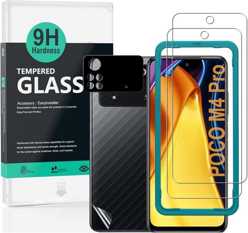 JGD-Verre Trempé de Protection pour Poco M4 Pro 4G 6.43"",[Paquet de 2] avec Métal Protecteur D'écran de Caméra,Protection arrière Effet Fibre de Carbone,avec Une kit d'installation Facile
