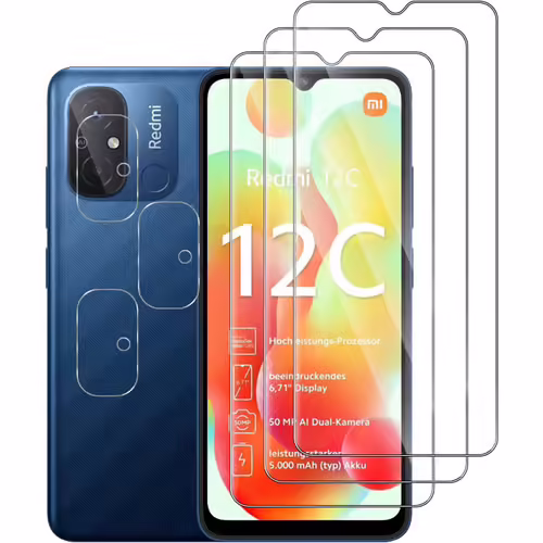 KAL-[3+3 Pièces] Verre Trempé Compatible Avec Xiaomi Redmi 12C Vitre Protection, 3Pcs Protection Écran Et 3Pcs Caméra Arrière Protecteur, 9H Dureté, Hd, Sans Bulles, Pour Xiaomi Redmi 12C