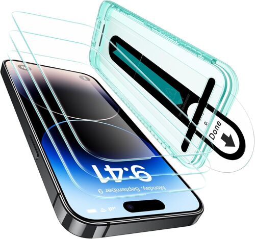 KAL-Set De Protecteurs D¿Écran Pour Iphone 14 Pro Max Armorite, Verre Trempé Ultra Résistant, Cadre D'Installation Facile, Lot De 3 Avec 1 Jeu De Protections D'Objectif Individuelles
