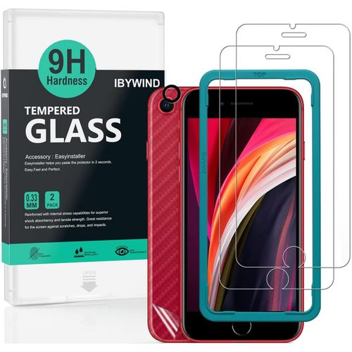Kal-Verre Trempé De Protection Pour Iphone Se 2022/2020/7/8 4.7"",Paquet De 2avec Métal Protecteur D'écran De Caméra,Protection Arrière Effet Fibre De Carbone,Avec Une Kit D'installation Facile