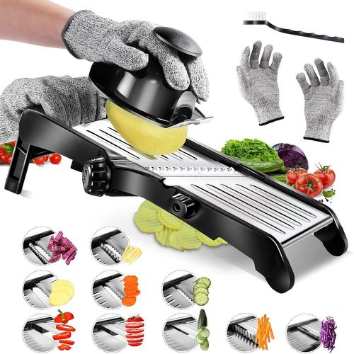 Chaas-Mandoline Inox Professionnelle, Coupe Legumes Avec Lames Réglables, Du Papier Fin À 9 Mm, Mandoline Cuisine Pour Nourriture, Légumes, Juliennes, Fruits, Avec Brosse De 1 Nettoyage Et 1 Gants