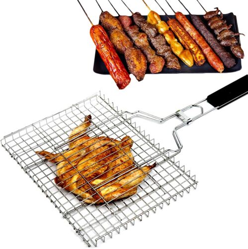 Ulteronixshop-Panier Grille pour Barbecue, Grille de Barbecue Portable avec Poignée Amovible en Bois, Accessoires de Barbecue Grille Panier pour Poisson Rôti, Crevettes, Légumes, 32 x 22 x 3.5 cm