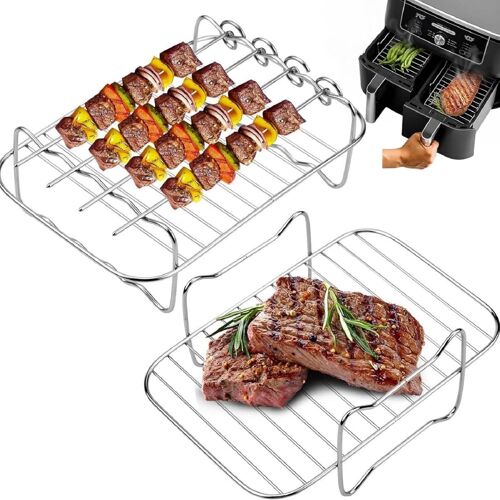 KAL-Accessoires De Friteuse À Air Chaud, Grille De Cuisson Et Plaque De Cuisson Avec 4 Brochettes, Poêle À Griller Airfryer En Acier Inoxydable De 20 Cm, Grille D'Insert