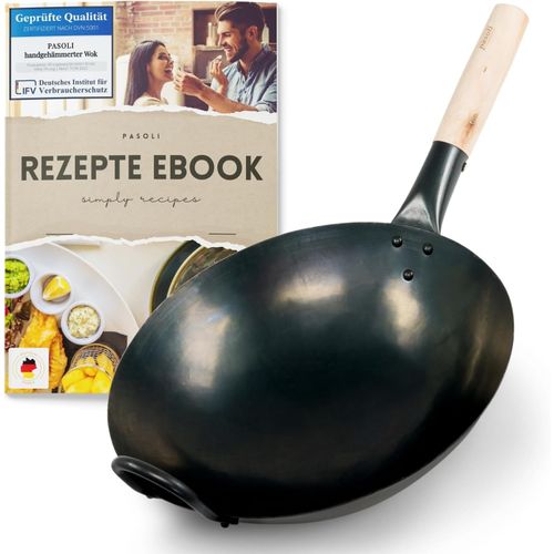 ASFASFq-wok | PRÉ-CULOTTÉ | fond rond | Pour la cuisinière à gaz ou le grill | 30 cm de diamètre | wok traditionnel en acier au carbone martelé à la main | couche antiadhésive naturelle