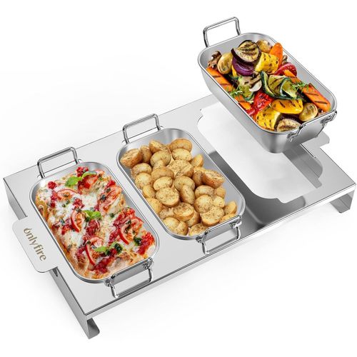 Lot de 3 Poêles à Barbecue en INOX, Plaque de Cuisson avec Support, Planchas pour Barbecue avec Poignées, pour Barbecue à Gaz, Four, Casserole de Service, Casserole à Pain