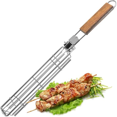 KAL-Panier Grill Barbecue, Pliable Griller Panier En Acier Inoxydable Avec Poignée En Bois Amovible Pour Grillades Légumes Frites Hot Dog, Portable Pour Grillades En Plein Air, Camping, Pique-Nique