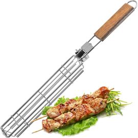 KAL-Panier Grill Barbecue, Pliable Griller Panier En Acier Inoxydable Avec Poignée En Bois Amovible Pour Grillades Légumes Frites Hot Dog, Portable Pour Grillades En Plein Air, Camping, Pique-Nique