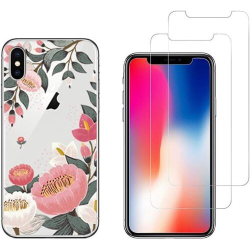 KAL-Compatible Iphone Xs Iphone 10 Iphone X Combo Coque Gel Transprente Anti Choc + 1 Film En Verre Trempé 0.26 Mm Résistant (Grosse Fleur)