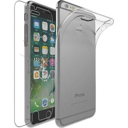 KAL-Coque Pour Iphone 6 Plus 6S Plus Apple, Etui Protection Silicone Transparent Antichoc, Souple Slim, Transparent + Verre Trempé
