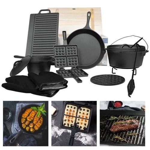 Dutch Oven Set 12 Pièces Dans Une Boîte En Bois Four Néerlandais, Beaucoup D'accessoires, Plaque De Barbecue, Poignée, Support