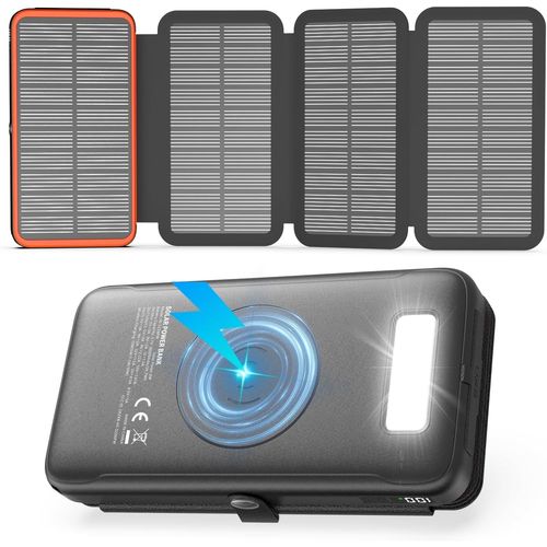 Chargeur Solaire 27000mah Batterie Externe Sans Fil - 22,5w Charge Rapide Usb-C Power Bank Avec Trois Sorties Usb Pd 4.0 Qc 3.0 Et 4 Panneaux Solaires Pour Smartphones, Tablettes (Orange)