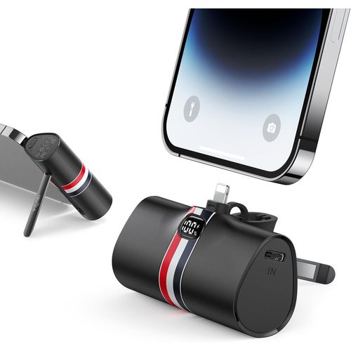 Mini Batterie Externe Pour Iphone, Power Bank Charge Rapide 20w Avec Support Pliable, Chargeur Portable 5000mah Compatible Avec Iphone 14,12,12 Pro,11 Pro,Xr,X,8,7, Et Airpods Pro - Noir