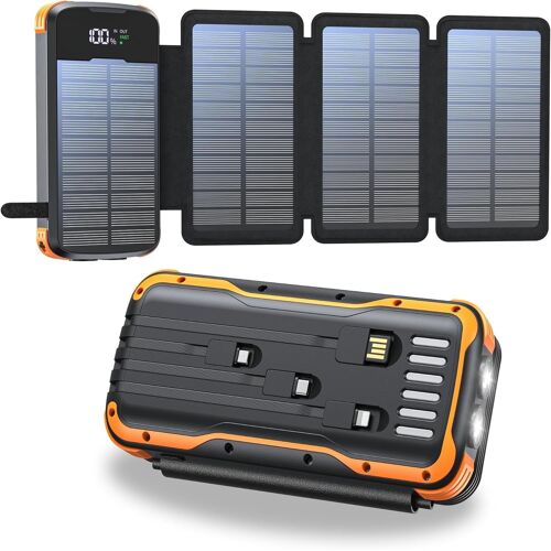 Mevronisshop-Solaire Power Bank 20000mah, Chargeur Portable Avec 4 Panneaux Solaire, 4 Câbles, Banque D'énergie Solaire Usb C Avec Batterie Externe Et 2 Lumières De Poche Led, Pour Smartphones, Table