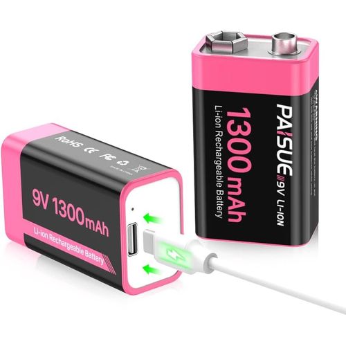 KGABERY-Piles 9V Rechargeables,1300Mah Haute Capacité Lithium-Ion 9 Volt Piles Carrées Avec Port De Charge Usb-C Rapide (Pack De 2)