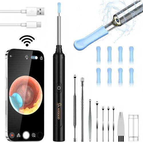 Vitcoco Otoscope Oreille, Camera Oreille Nettoyage 1296p Fhd 3,5mm Et 6 Led, Nettoyage Oreille Ip67 Étanche, Cure Oreille Camera Compatible Ios/Android(Noir) 