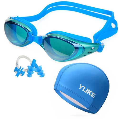 Yuke Imperméable À L'eau Pu Bonnet De Bain Tissu Protéger Les Oreilles Piscine Chapeau Requin Bonnet De Natation Pour Hommes Femmes Lunettes De Natation Sac Bouchons D'oreilles Ensemble - Type Bleu