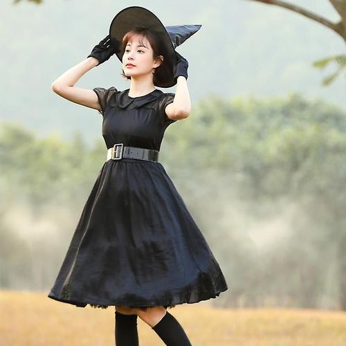 Halloween Cosplay Noir Maille Sorcière Cosplay Parent-Enfant Maquillage Costume De Fête Jupe De Sorcière Magique (Adul