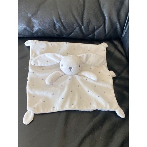 Doudou plat Lapin blanc gris étoiles attache tétine SIMBA 23*23cm 