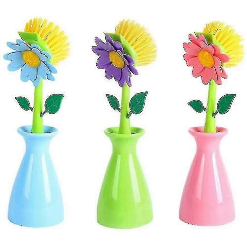 Paquet de 3 brosses à récurer de cuisine,brosse à vaisselle à long manche en forme de fleur mignonne,bleu + vert + poudre wse