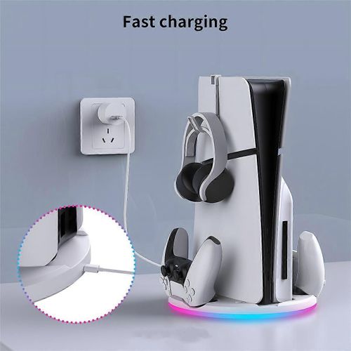 Pour Ps5 Slim Station De Stockage De Console Avec Chargeur De Poignée De Lumière Rbg + Crochet