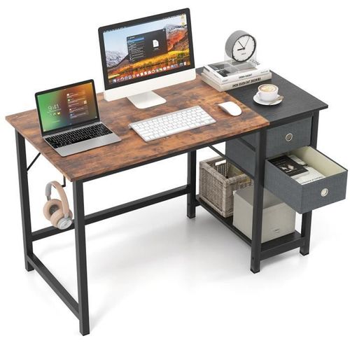 Bureau Informatique Costway 140cm - 2 Tiroirs - Crochet De Suspension - Étagère De Rangement - Marron